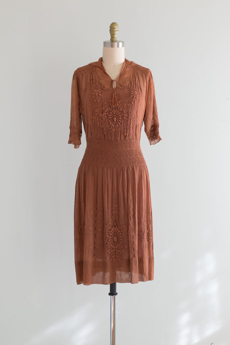 Antique 1920's Hungarian Embroidered Dress in Cocoa Cotton Voile / SM
