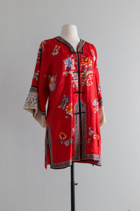 1930's Red Silk Chinese Embroidered Robe / SM