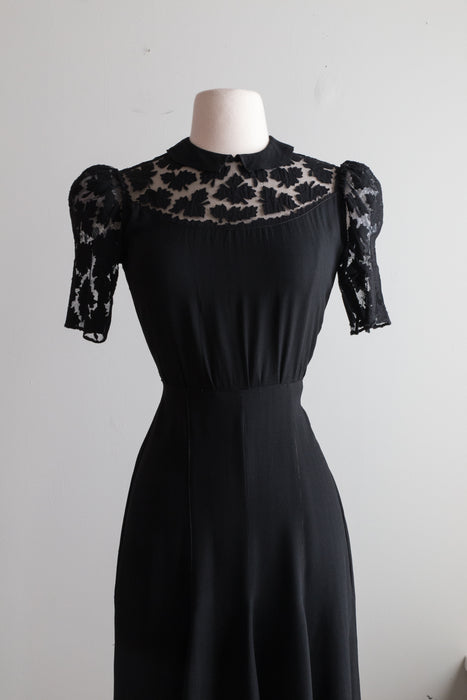 1930's Black Rayon Crepe Falling Leaves Cocktail Dress With Puff Sleeves / Small