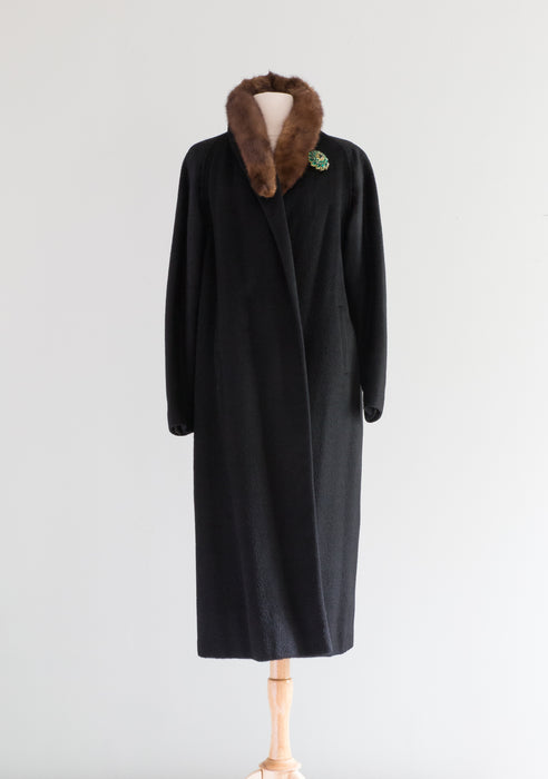 The Ultimate 1950's Black Alpaca Cocoon Coat With Fur Collar / OS