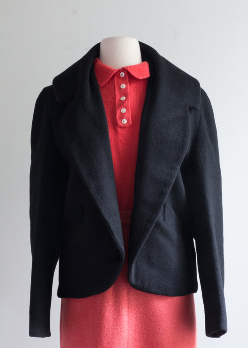Darling 1950's Black Wool Jacket With Shawl Collar and Button Back / Medium