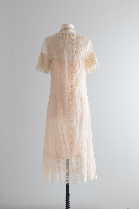 Ethereal 1920's Hand Embroidered Net Dress / Medium