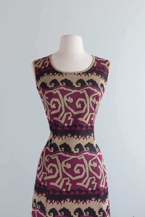 Fabulous 1970's Klimt Inspired Metallic Lurex Knit Gown With Side Slit / Medium