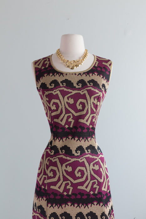 Fabulous 1970's Klimt Inspired Metallic Lurex Knit Gown With Side Slit / Medium