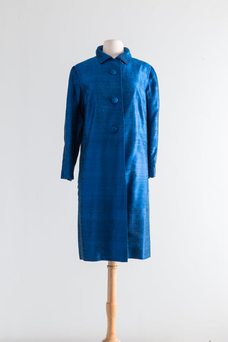 Fabulous 1960's Sapphire Silk Coat and Dress Set / SM
