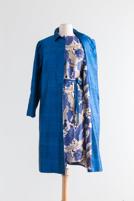 Fabulous 1960's Sapphire Silk Coat and Dress Set / SM