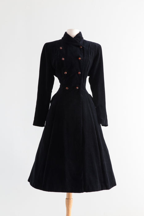 Dramatic 1950's New Look Black Velvet Princess Coat With Caramel Buttons / Medium