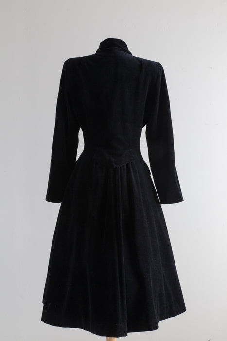 Dramatic 1950's New Look Black Velvet Princess Coat With Caramel Buttons / Medium