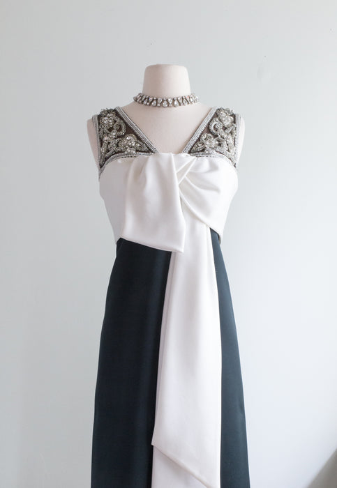 Glamorous 1960's Black Tie Evening Gown With Rhinestones / Medium