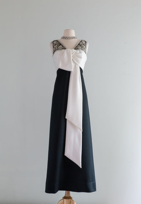 Glamorous 1960's Black Tie Evening Gown With Rhinestones / Medium