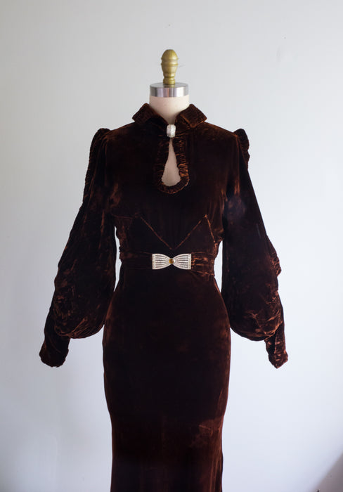 Rare 1930's Chestnut Silk Velvet Evening Gown With Bishop Sleeves / SM