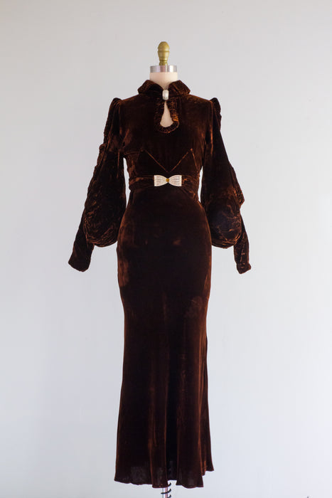 Rare 1930's Chestnut Silk Velvet Evening Gown With Bishop Sleeves / SM