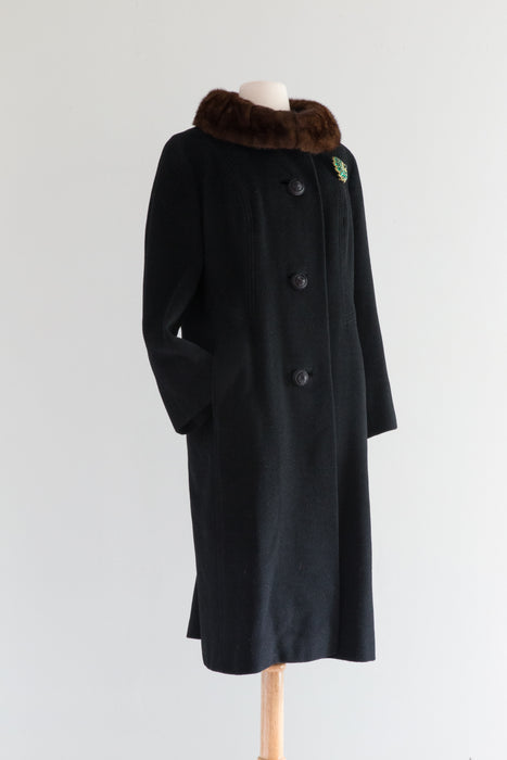 Sumptuous 1950's Black Cocoon Coat With Mink Collar By Rothmoor / ML