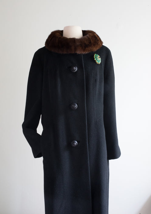 Sumptuous 1950's Black Cocoon Coat With Mink Collar By Rothmoor / ML