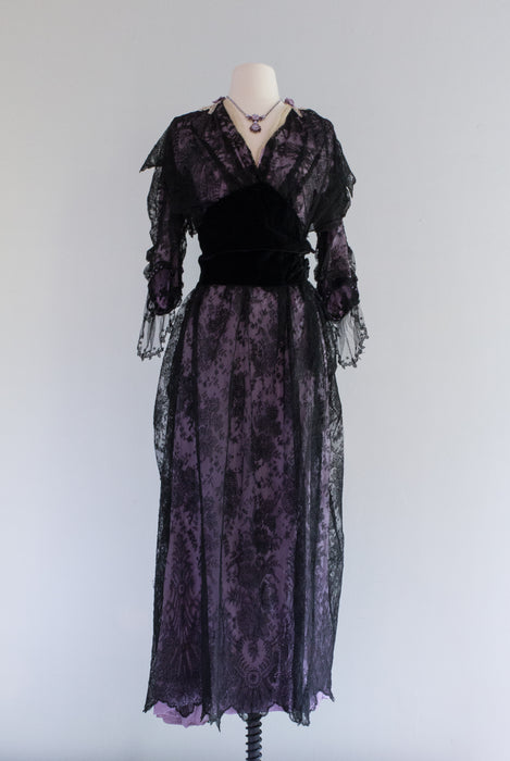 Exquisite Edwardian 1900's Black Lace And Lilac Silk Tea Length Dress Xtabay Vintage Exquisite Edwardian 1900's Black Lace And Lilac Silk Tea Length Dress Xtabay Vintage