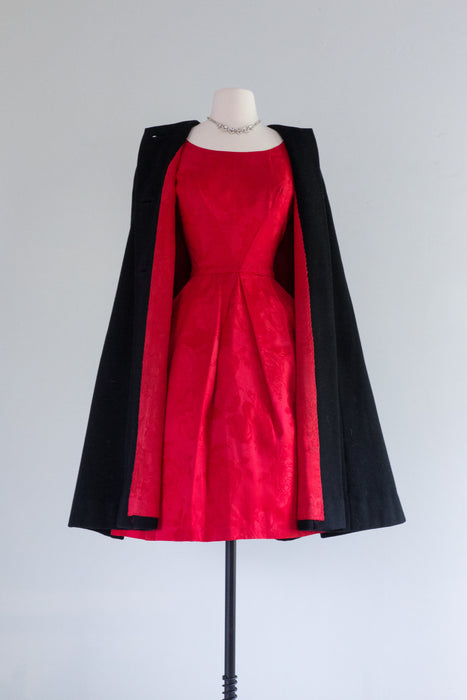 Fabulous 1960's Cherry Red Brocade Party Dress And Matching Wool Cape / Small
