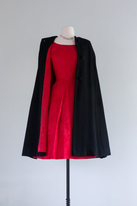 Fabulous 1960's Cherry Red Brocade Party Dress And Matching Wool Cape / Small