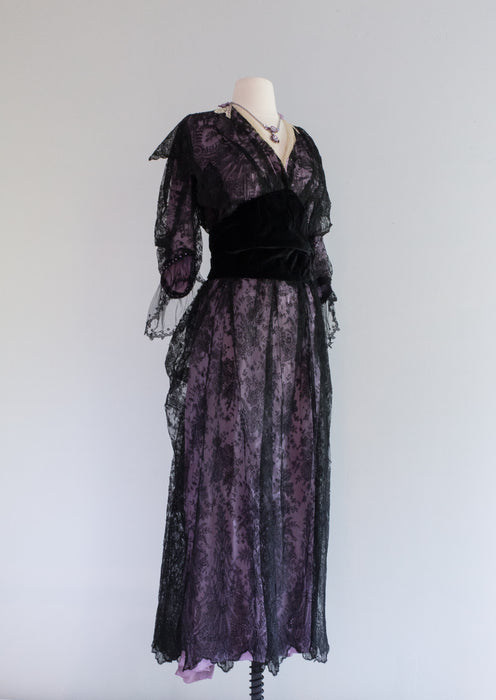 Exquisite Edwardian 1900's Black Lace And Lilac Silk Tea Length Dress / Medium