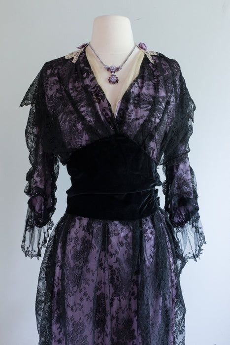 Exquisite Edwardian 1900's Black Lace And Lilac Silk Tea Length Dress / Medium