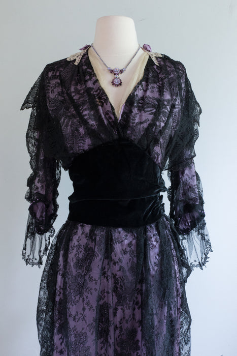 Exquisite Edwardian 1900's Black Lace And Lilac Silk Tea Length Dress Xtabay Vintage Exquisite Edwardian 1900's Black Lace And Lilac Silk Tea Length Dress Xtabay Vintage