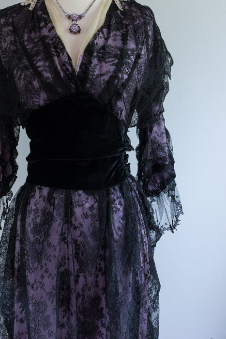 Exquisite Edwardian 1900's Black Lace And Lilac Silk Tea Length Dress Xtabay Vintage Exquisite Edwardian 1900's Black Lace And Lilac Silk Tea Length Dress Xtabay Vintage