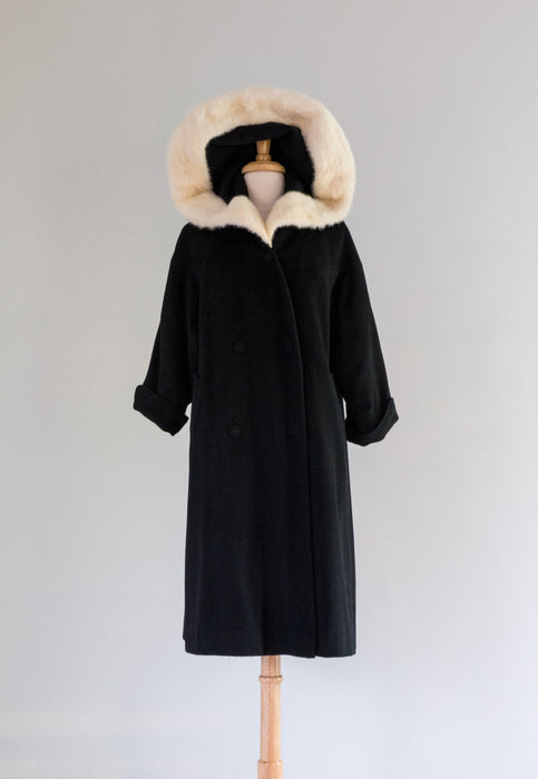 Glamorous Late 1950's Don Loper Black Coat With Mink Trimmed Hood
