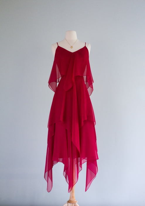 1970's RED FLAME Chiffon Party Dress / Small Xtabay Vintage 1970's RED FLAME Chiffon Party Dress / Small Xtabay Vintage