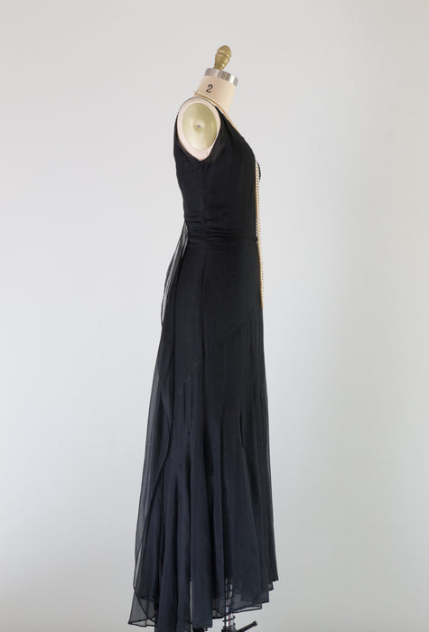 Elegant 1930's Silk Chiffon Madame X Evening Gown With Gored Skirt / Small