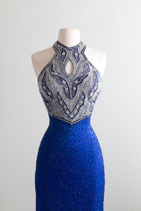 Show Stopper! 1980's Blue Silk Beaded Bombshell Gown / Small