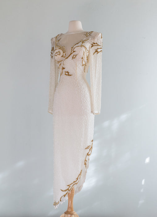Stunning 1980's Ivory Beaded Glamour Gown / Medium