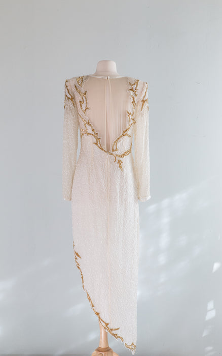 Stunning 1980's Ivory Beaded Glamour Gown / Medium