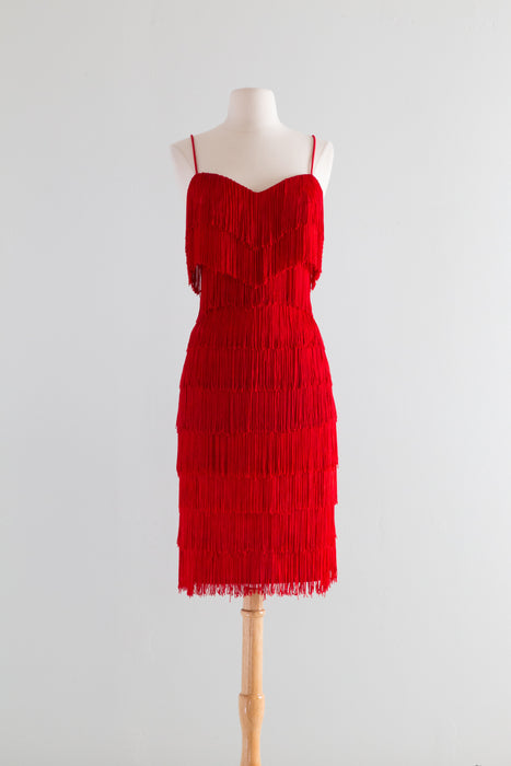 Fabulous 1970's Cherry Red Fringe Flapper Style Dress / Med