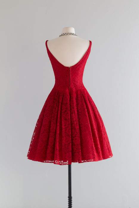 1950's Scarlet Red Lace Party Dress By Designer Pab / Small