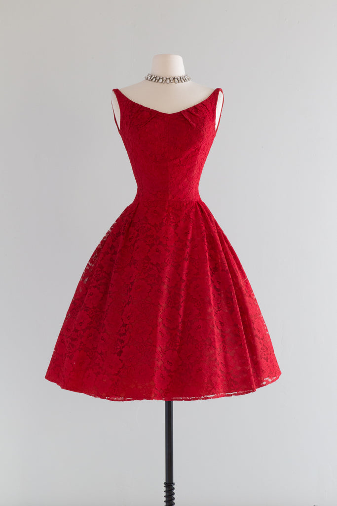 1950's Scarlet Red Lace Party Dress By Designer Pab / Small