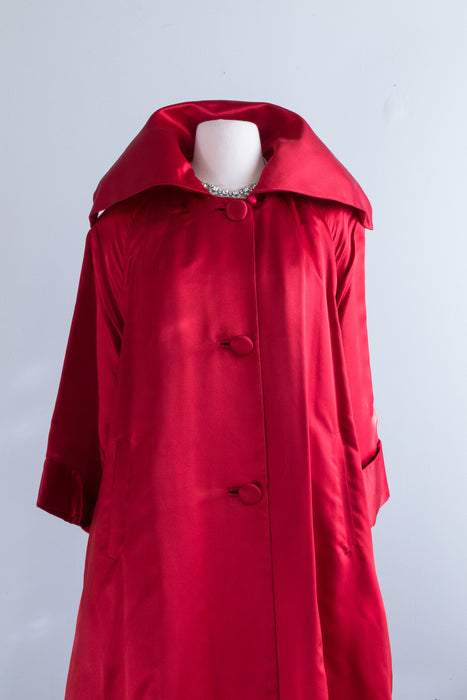 Spectacular 1950's Crimson Silk Swing Coat By Lawrence of London / ML
