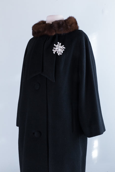 Classic 1950's Lilli Ann Black Wool Coat With Mink Collar / ML