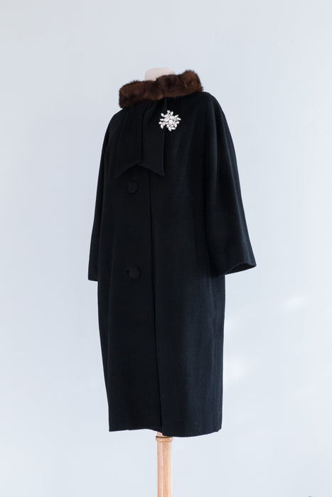 Classic 1950's Lilli Ann Black Wool Coat With Mink Collar / ML