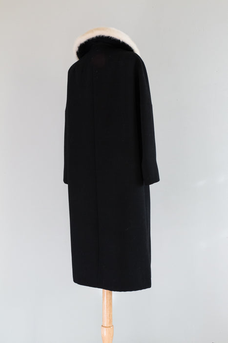 Chic 1960's Black Wool Coat With Ivory Mink Collar From Nicholas Ungar / ML