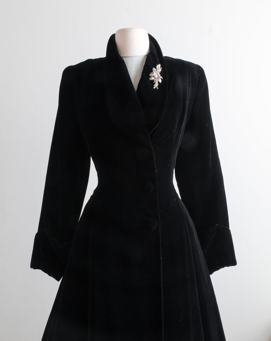 Iconic Late 1940's NEW LOOK Black Velvet Princess Coat With Full Skirt / Medium