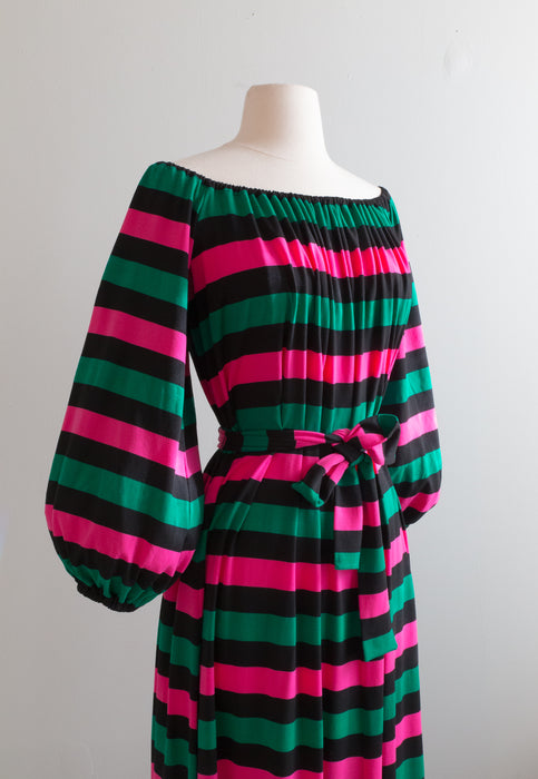 Iconic 1970's Bold HOT Pink & Emerald Striped Maxi Dress By Designer Clovis Ruffin / OS
