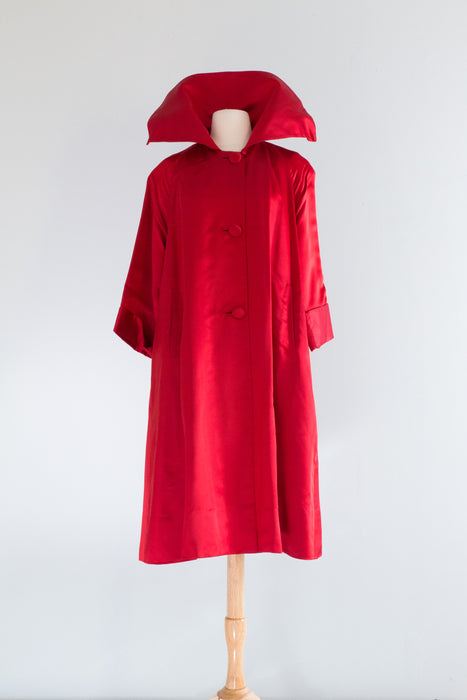 Spectacular 1950's Crimson Silk Swing Coat By Lawrence of London / ML