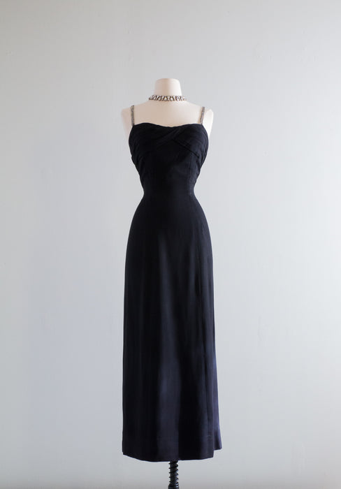 Glamorous 1950's Hourglass Black Crepe Evening Gown / Medium