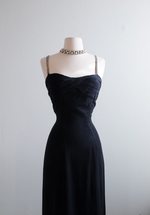 Glamorous 1950's Hourglass Black Crepe Evening Gown / Medium