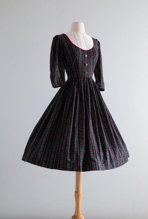 1950's Bavarian Cotton Holiday Dress By Miss Trude Jr. / Small