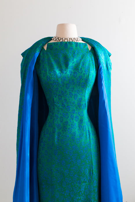 FAB Late 1950's Blue & Green Brocade Cocktail Dress & Coat / SM