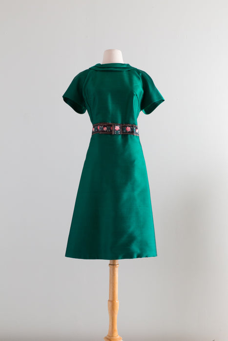 Fabulous 1960's Forest Green Silk Cocktail Dress By Allison / Large