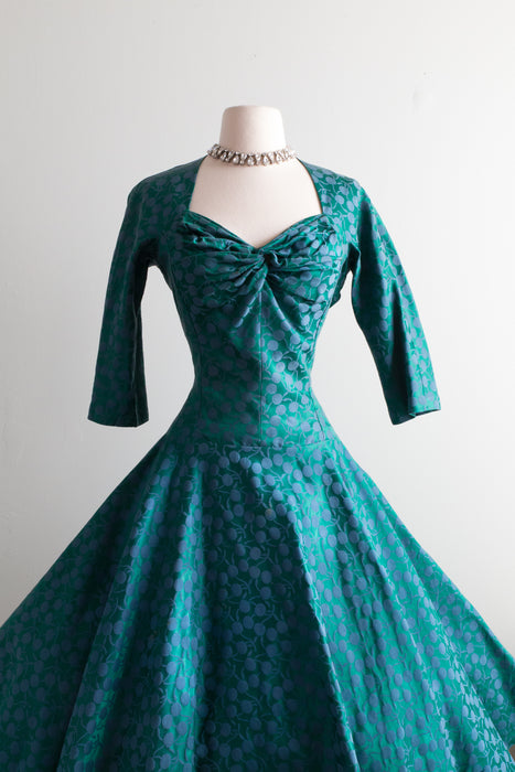 Fabulous 1950's Eleanor Green Emerald Cherry Party Dress / Waist 28