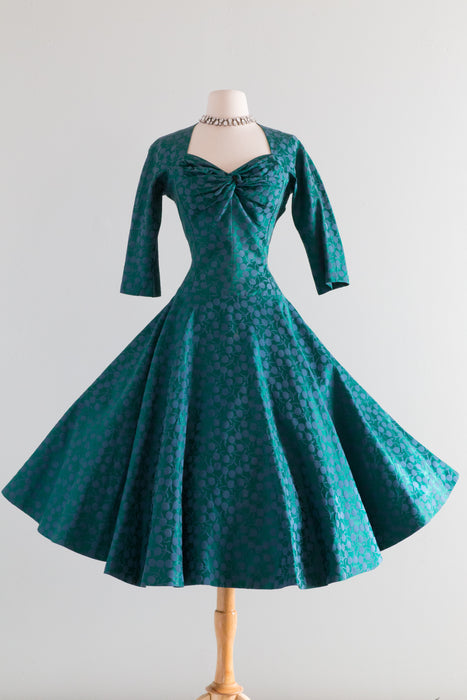 Fabulous 1950's Eleanor Green Emerald Cherry Party Dress / Waist 28