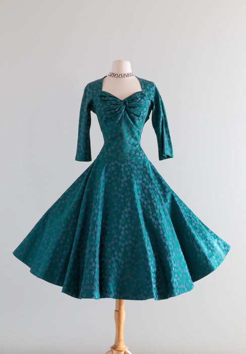 Fabulous 1950's Eleanor Green Emerald Cherry Party Dress / Waist 28