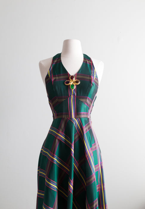 Fabulous 1970's Emerald Plaid Taffeta Halterneck Evening Gown / Small